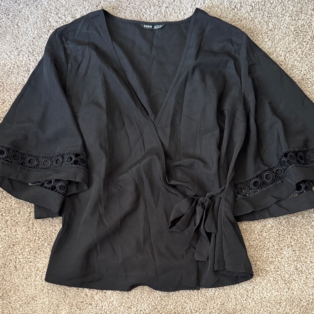 SHEIN Black Wrap Blouse with Eyelet Trim